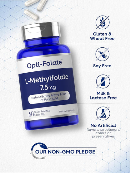 Carlyle L Methylfolate 7.5 mg | 60 Capsules | Optimized and Activated | Non-GMO, Gluten Free | Methyl Folate, 5-MTHF | by Opti-Folate