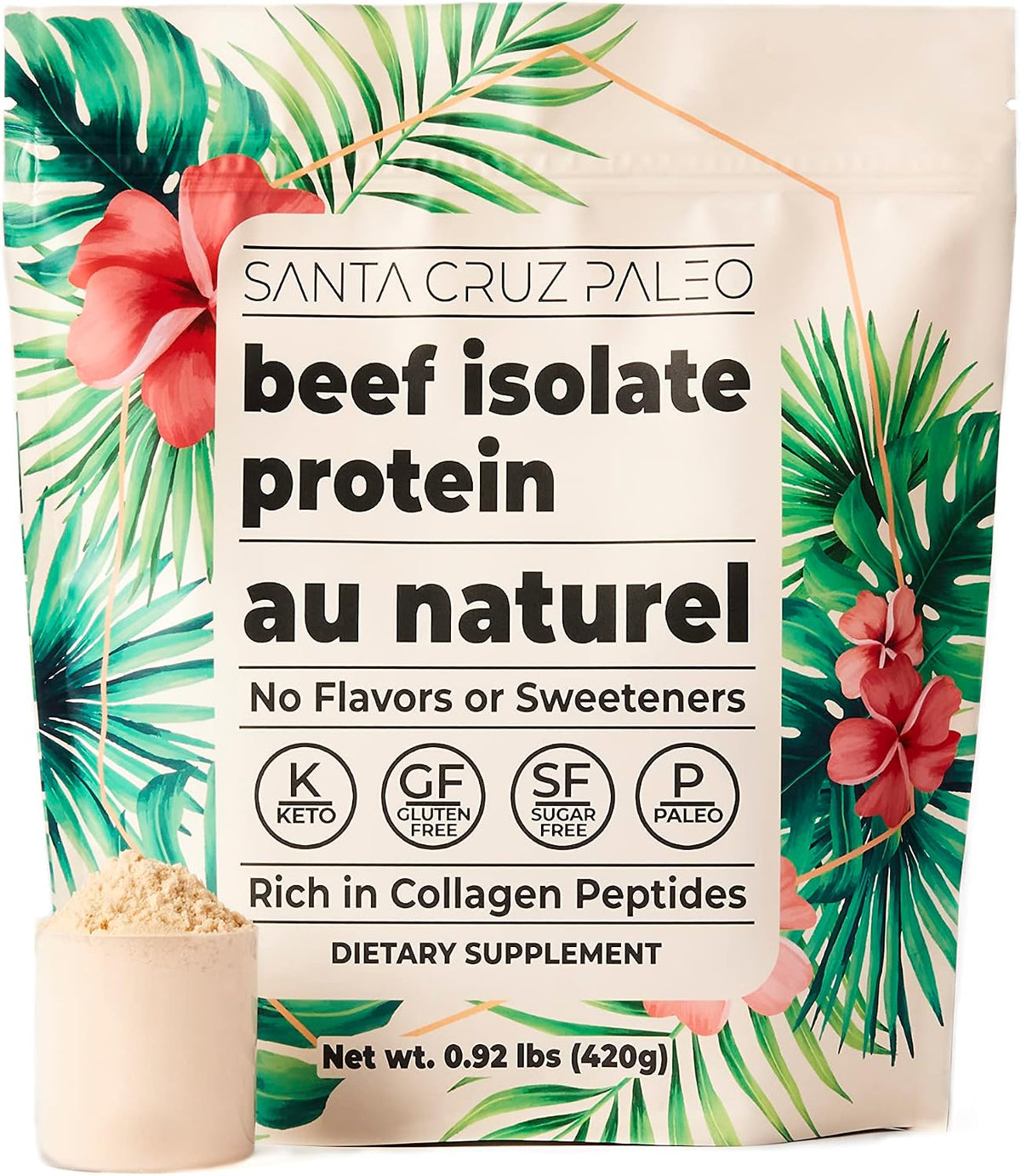 Santa Cruz Paleo, Beef Isolate Protein Powder, Au Naturel, Rich in Collagen Peptides for Protein Shakes or Smoothies, Gluten Free, Keto, Paleo, Unflavored, Unsweetened,1.1lbs (20g Protein Per Serving)
