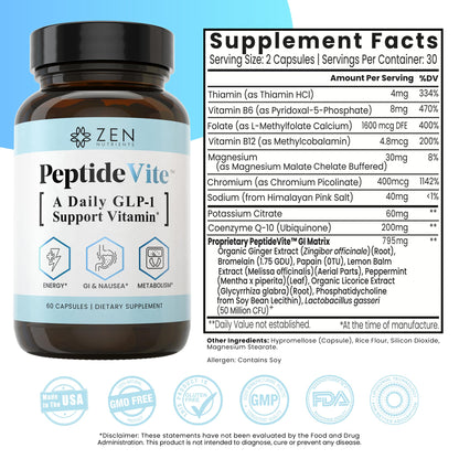 Zen Nutrients PeptideVite  Support Vitamin for Gut Health with Probiotics, Bromelain, Chromium Picolinate & Organic Ginger (60 Capsules)