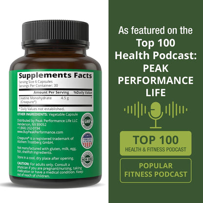 Creapure Creatine Monohydrate 180 Capsules - Ultra High Purity German Made Creatine with Nothing Added at All - Pure Unflavored Pills for Men & Women - No Sugar, Non-GMO, Vegan Friendly Supplement