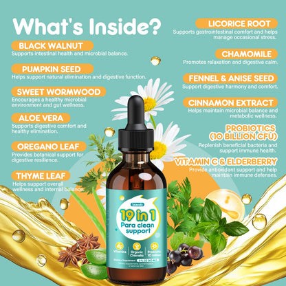 Tatavonix 19 in 1 Herbal Gut Cleanse Drops – Wormwood, Black Walnut, Chlorella 250mg, 10B Probiotics, Clove & Oregano
