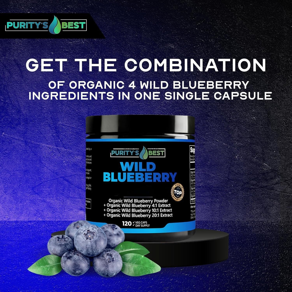 Suplement ​Purity’s Best Wild Blueberry Extract, Rich in Flavonoids & Anthocyanins, Antioxidant Support for Brain & Heart Health, 4-Month Supply - VelvetGlow USA