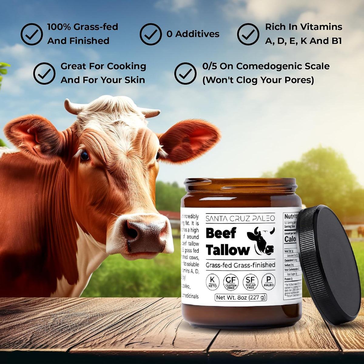 Santa Cruz Paleo Beef Tallow for Cooking, 100% Grass Fed and Finished, Gluten Free, Keto, Sugar Free, Paleo, With Vitamin D, E, K, B1, A, Fatty Acids, 8 Oz