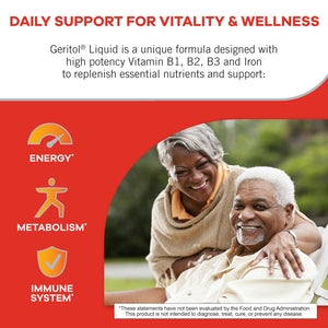 Suplement ​Geritol Liquid Vitamin and Iron Supplement, Energy Support Vitamins, Contains High Potency B-Vitamins and Iron, Easy to Swallow, VelvetGlow USA
