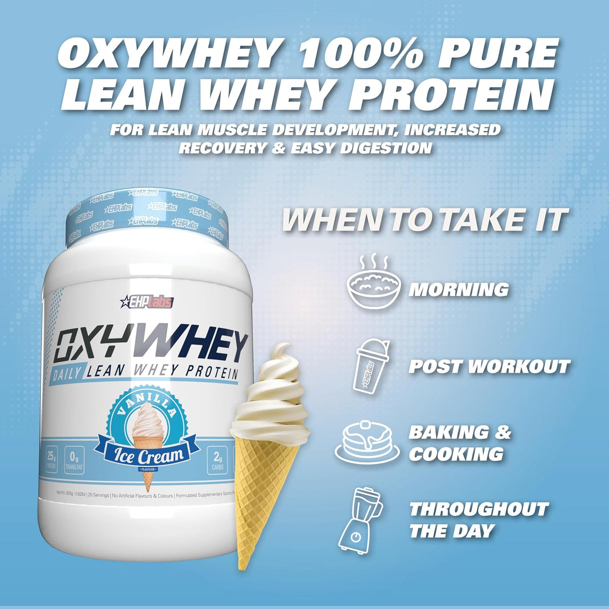 EHP Labs OxyWhey Whey Protein Isolate – 25g High Protein, Low Carb, Sugar Free Meal Replacement – Lean Whey Powder for Muscle Recovery – Non-GMO, Gluten Free – 25 Serves – Vanilla Ice Cream
