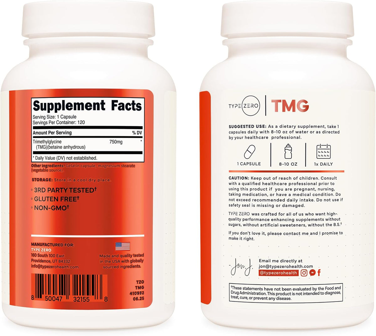 Type Zero Clean TMG (Trimethylglycine) 750mg, 120 Capsules, Gluten Free | GMO-Free