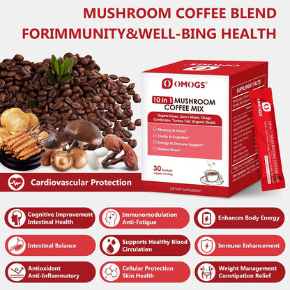 OMOGS Mushroom Coffee, 10 in 1 Extract Powder Blend Lion's Mane, Reishi, Cordyceps, Chaga, Turkey Tail, Instant Coffee-for Energy, Focus, Memory, Digestion & Immunity, 30 Serving