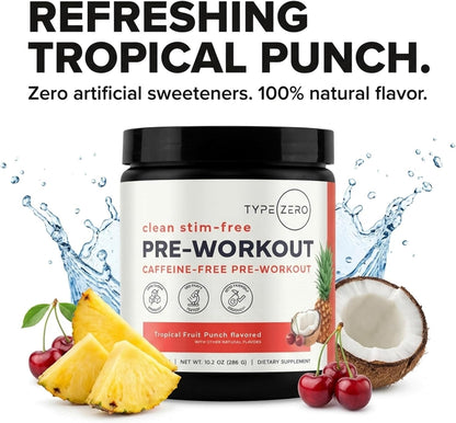 Type Zero Clean Stim Free Pre Workout Powder (Tropical Fruit Punch) 21 Serv | Nitric Oxide Booster with L-Citrulline Malate, Arginine AKG, Beta Alanine, Caffeine & Stimulant Free