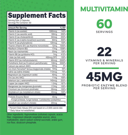 Type Zero Multivitamin Capsules (1,300mg) 120 Capsules, Vegetarian Friendly | With Probiotics + 22 Vitamins and Minerals, GMO-Free
