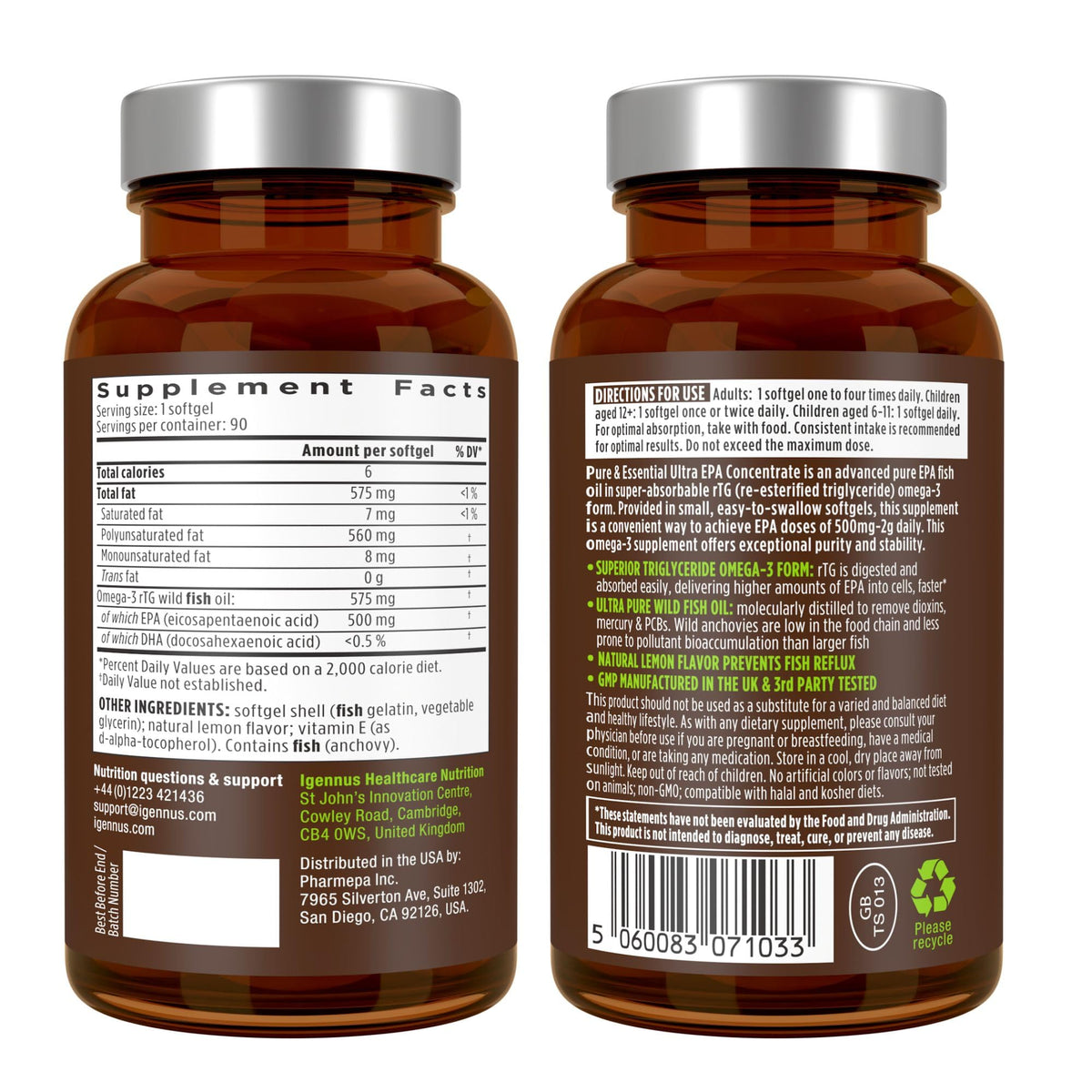 Igennus Ultra Pure EPA Omega-3 500mg, DHA-Free, High EPA rTG, IFOS Certified Fish Oil, Concentrated Triglyceride Form, Non-GMO, 90 Small Softgels