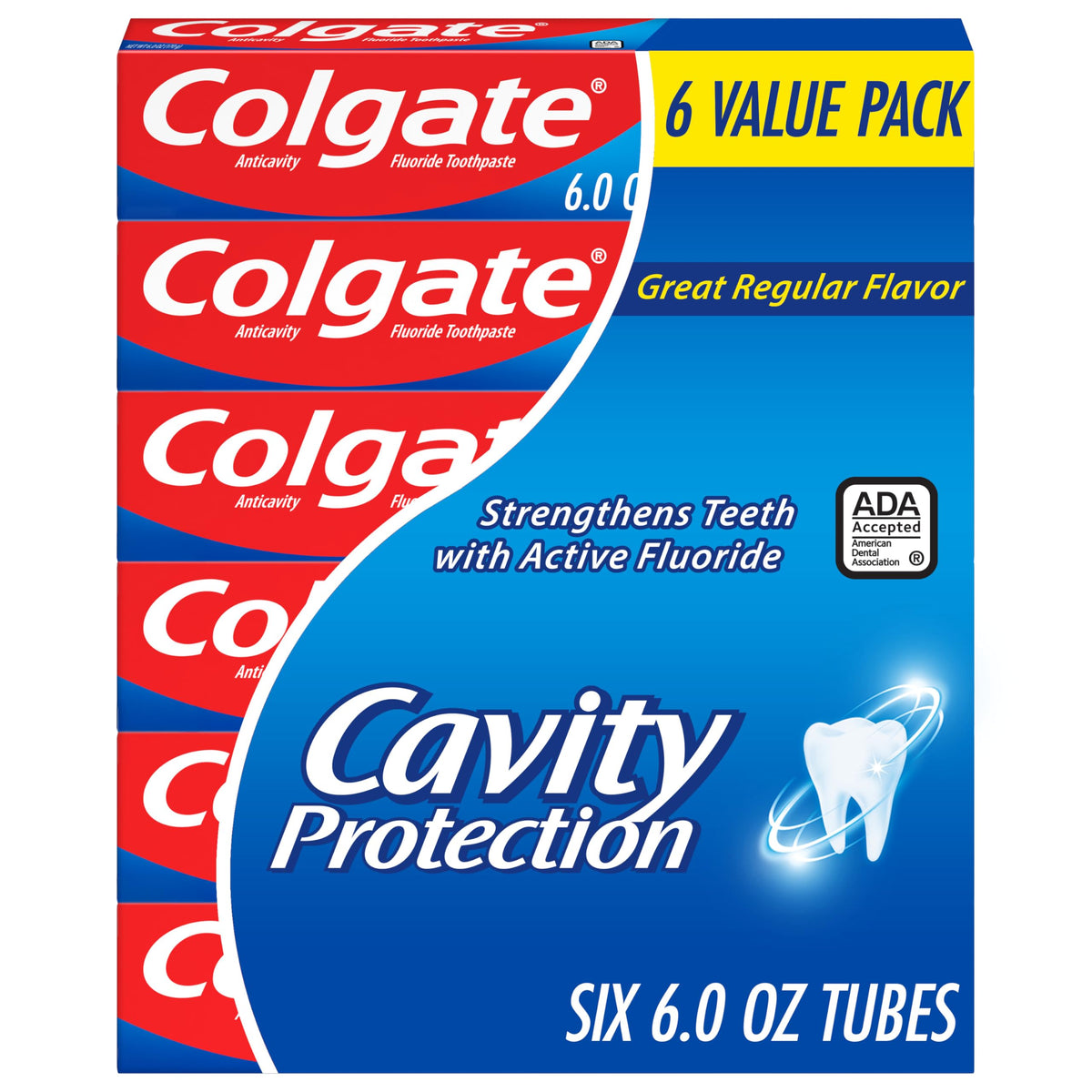 Suplement ​Colgate Cavity Protection Toothpaste with Fluoride, Minty Great Regular Flavor, Anti Cavity Toothpaste, 6 Pack, 6 Oz Tubes - VelvetGlow USA