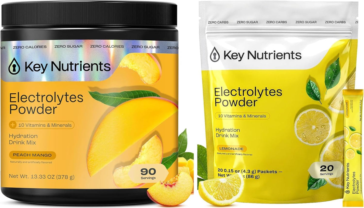 KEY NUTRIENTS Electrolytes Powder Bundle, Tropical Peach Mango 90 Servings Jar + Classic Lemonade 20 Count Packets, Sugar Free Hydration Travel Drink Mix with Vitamins & Minerals, No Calories