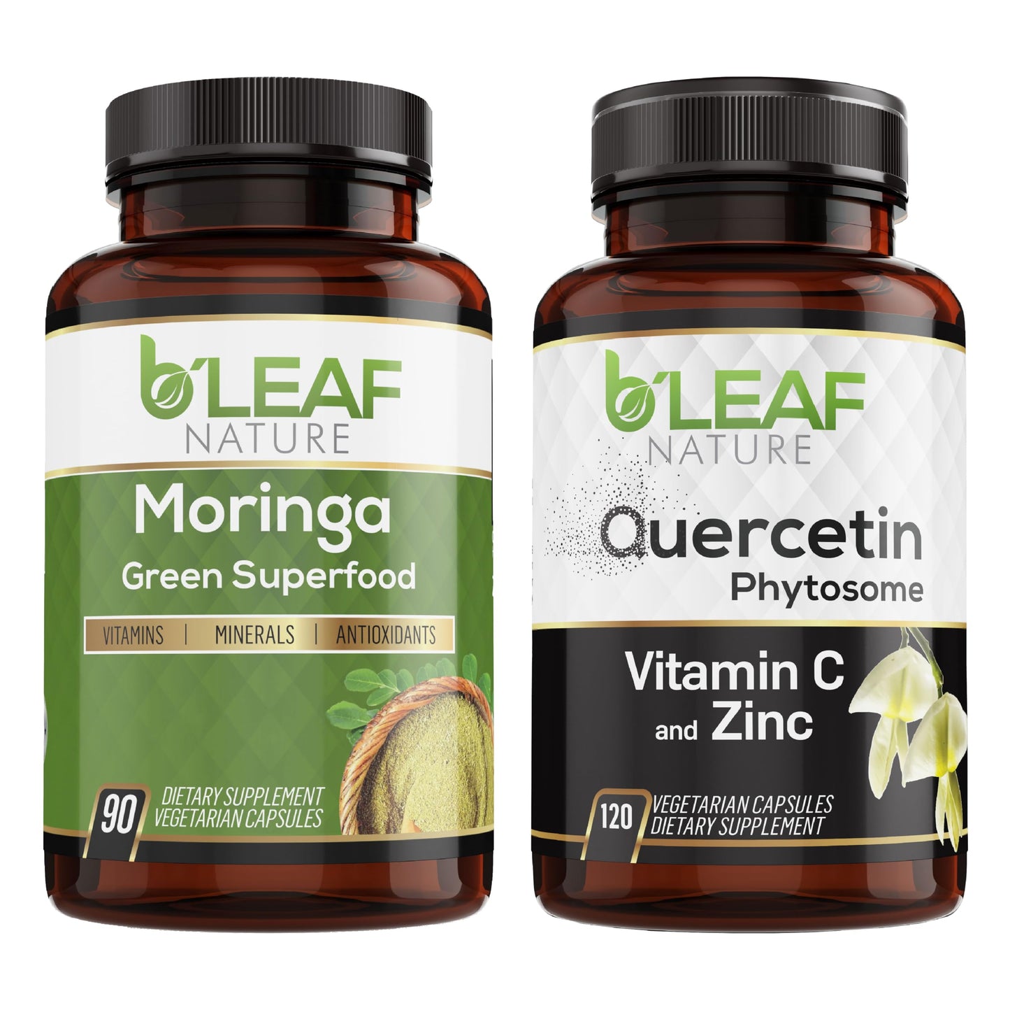 Two bottles of B'Leaf Nature supplements on a white background