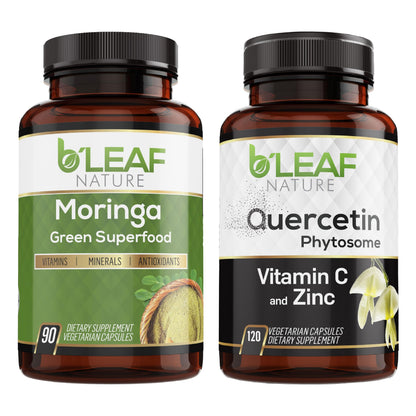 Two bottles of B'Leaf Nature supplements on a white background