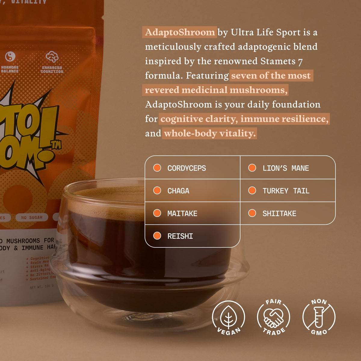 Ultra Life Sport - MushBoom Organic Mushroom Coffee Alternative Drink - 30 Servings 7 Mushroom Cacao Blend - Cordyceps, Lion’s Mane, Chaga, Maitake, Shiitake, Reishi & Turkey Tail - Caffeine Free