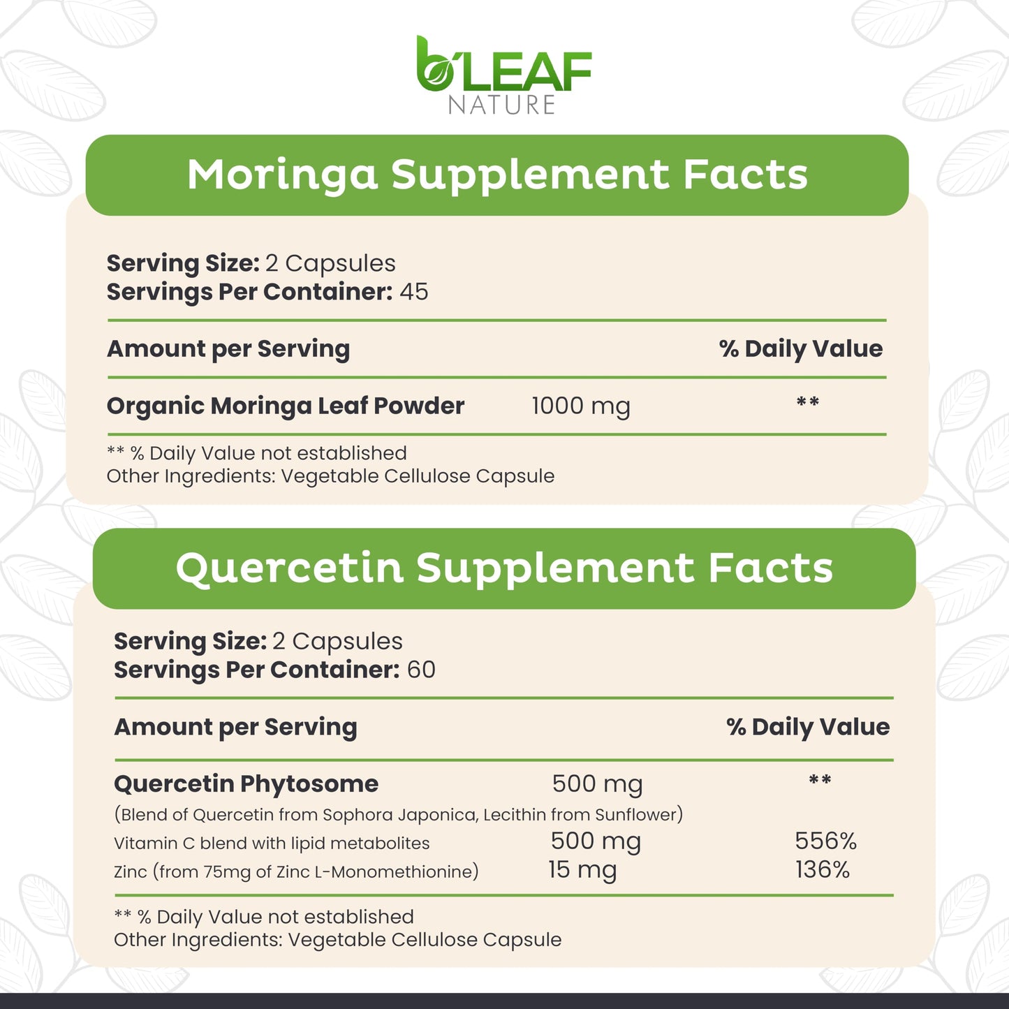 B'LEAF NATURE Moringa and Quercetin Bundle - Non-GMO, Vegan, High Absorption Capsules - 1000mg Quercetin Phytosome Blend + 1000mg Moringa - Natural Energy, Wellness and Immune Support Supplements B'LEAF NATURE buy supplements Au