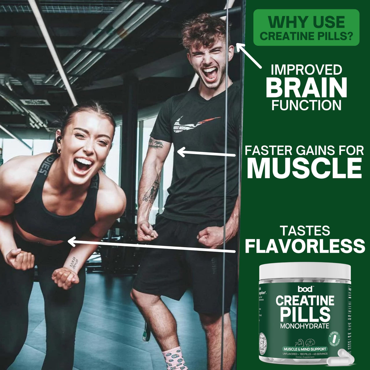 Suplement ​Bod Creatine Monohydrate Capsules – 45 Servings (4 Capsules = 5 g) – Ultra-Pure 200 Mesh Creatine Monohydrate – Strength - VelvetGlow USA