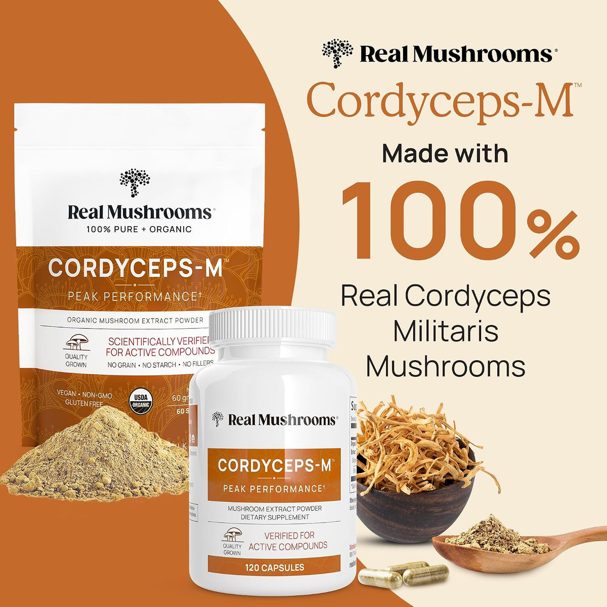 Real Mushrooms Peak Performance Bundle - Lion's Mane + Reishi + Cordyceps-M Certified Organic Mushroom Powders for Vitality, Immunity & Longevity