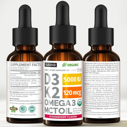 NUSAVA Unflavored D3 K2, Strawberry Flavored D3 K2 & Vitamin B12 Liquid Drops Bundle — Daily Wellness Liquid Vitamins for Energy & Immune Support — Non-GMO, Gluten-Free, 2pk Each