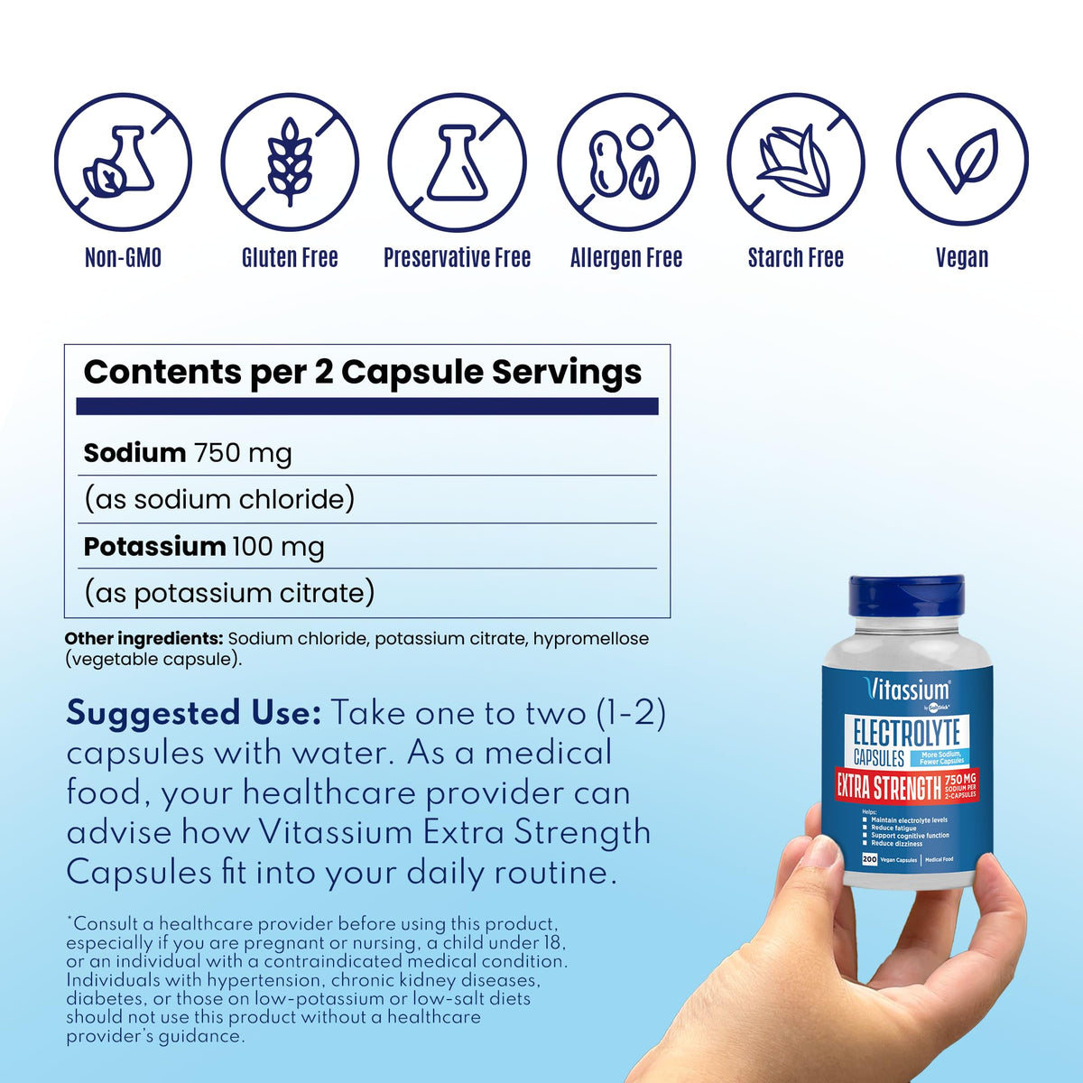 Vitassium Electrolytes Salt Pills for POTS Scientifically Formulated 100ct