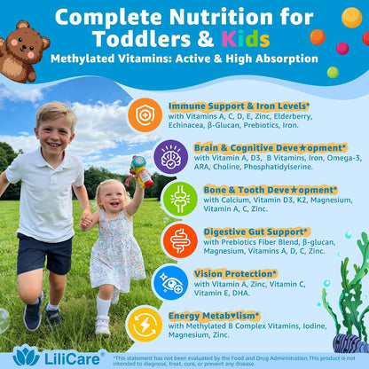 Toddler 2-3 & Kids 4+ Multivitamin Gummies w/ Iron, Omega-3, ARA, Calcium, Prebiotic, Methylated Picky Eater Vitamins for Kids 2+ Growth & Development | Vitamin C, D3 K2, B12, Methylfolate, Sugar Free