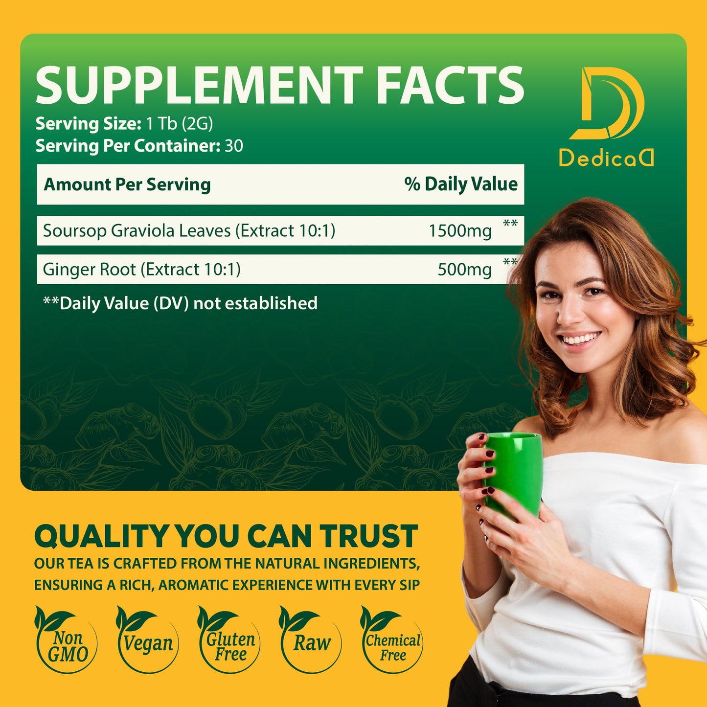 DEDICAD Soursop Leaves Tea Bags with Ginger, 30 Tea bags, 2gr/bag - Non-GMO/Caffeine free - Support Digestion, Well Skin, Immune System DEDICAD buy supplements Au