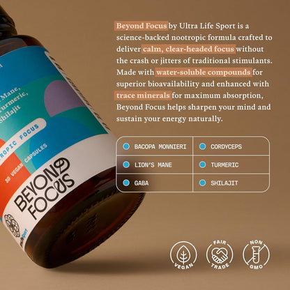 Ultra Life Sport - Beyond Focus Organic Mushroom Supplement - 30 Capsule Brain Supplements for Memory and Focus - 100% Vegan, Non-GMO - Memory Booster with Bacopa, Cordyceps, & Lion’s Mane