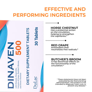 Dulac Dinaven 500, Micronized Diosmin Hesperidin Dietary Supplement 1000mg per serving, Horse Chestnut Extract, Butcher’s Broom & Red Grape Extract, Leg Circulation Support, 30 Tablets, Made in Italy DULÀC FARMACEUTICI 1982Buy Supplements Australia