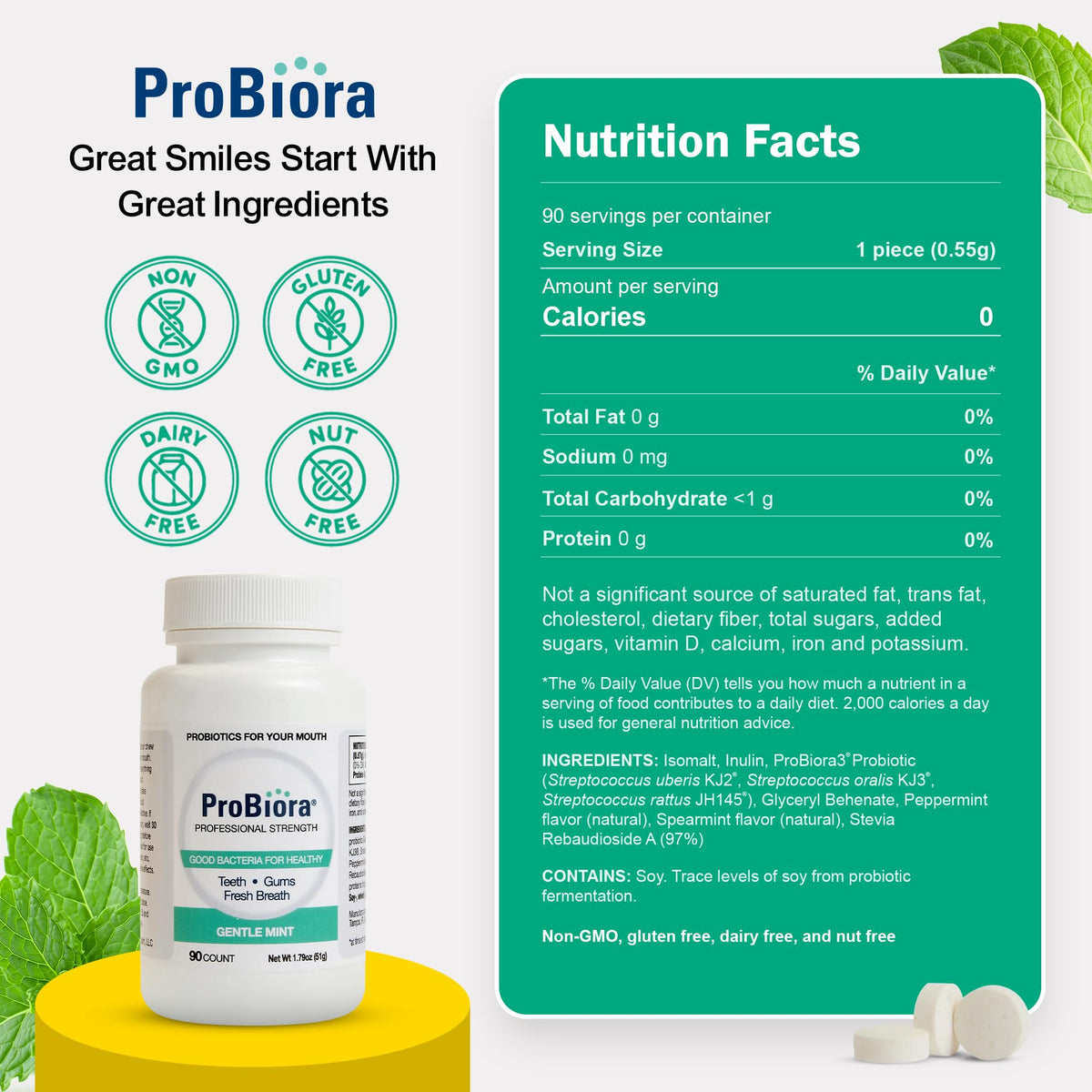 Suplement ​ProBiora Professional Strength Oral Probiotics for Teeth and Gums | Dental Probiotic for Oral Health | Bad Breath Treatment for Adults | Tooth Whitening | ProBiora3 Probiotic Blend | 90 Mint Tablets - VelvetGlow USA