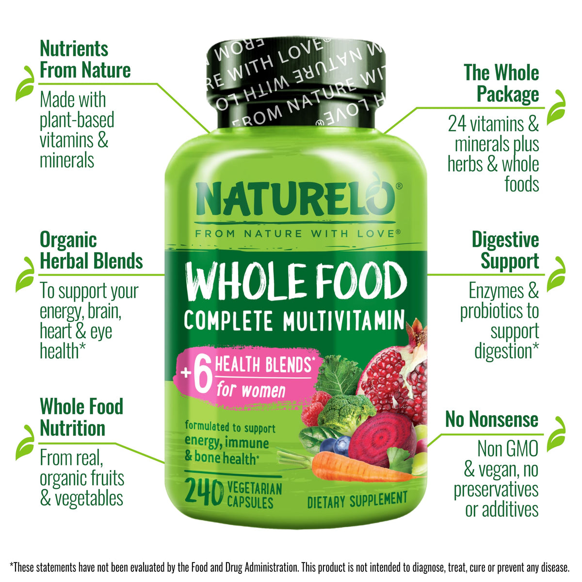 NATURELO Whole Food Multivitamin for Women - with Vitamins, Minerals, & Organic Extracts - Supplement for Energy and Heart Health - Non GMO - 120 Vegan Capsules