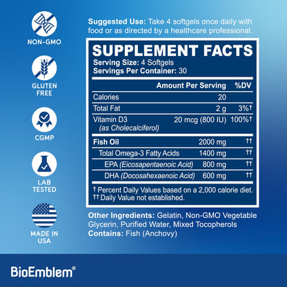 BioEmblem Omega-3 Fish Oil 2000mg Per Serving - Small Size Softgels, High Absorption Form, Sustainable - EPA &DHA Plus Vitamin D3, Non-GMO, Heart, Joint, & Brain Health Fish Oil Supplement, 360 Ct