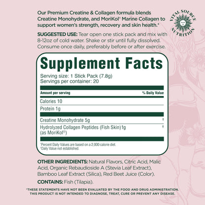 Vital Source Nutrition - Flexi - Creatine & Collagen Stick Packs - 5g Creatine Monohydrate + 1g MoriKol Collagen -Supports Strength, Recovery & Skin Health -20 Servings