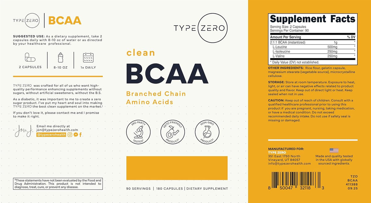 Type Zero BCAA (1000mg) 180 Capsules, 90 Servings | Branched Chain Amino Acids with 500mg of L-Leucine, 1000mg of L-Isoleucine and L-Valine