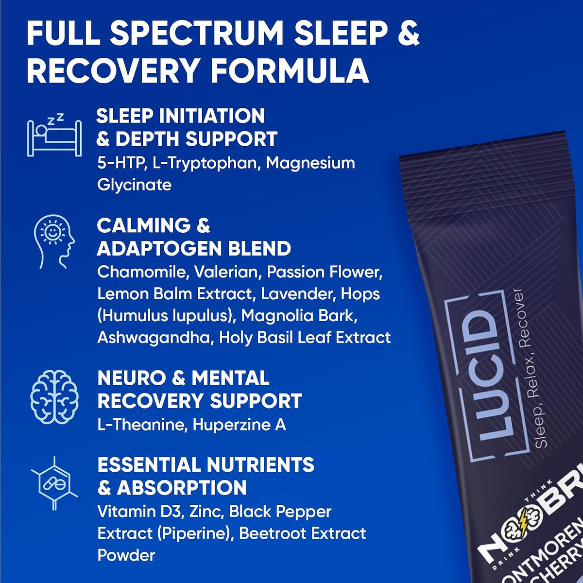 Noobru Lucid Nootropic Sleep Powder Drink for Deep Quality Dream Sleep with Magnesium, Ashwagandha, Valerian, Lemon Balm and Vitamin D for Deep, Quality Sleep, Stress and Restoration.