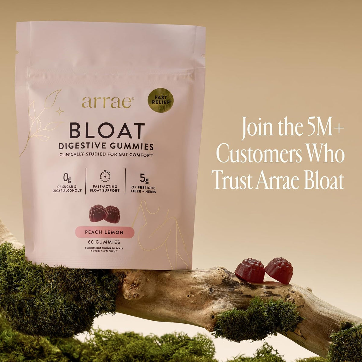 Arrae Bloat Gummies, Sugar-Free with Fiber, Peach Lemon, 60 Count