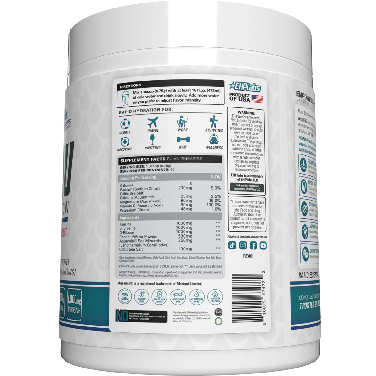 EHP Labs Hydreau Electrolytes Powder No Sugar - Hydration Powder for Endurance & Energy - Electrolyte Powder for Men & Women - Sugar Free Electrolytes - Kiwi Strawberry (40 Serves)