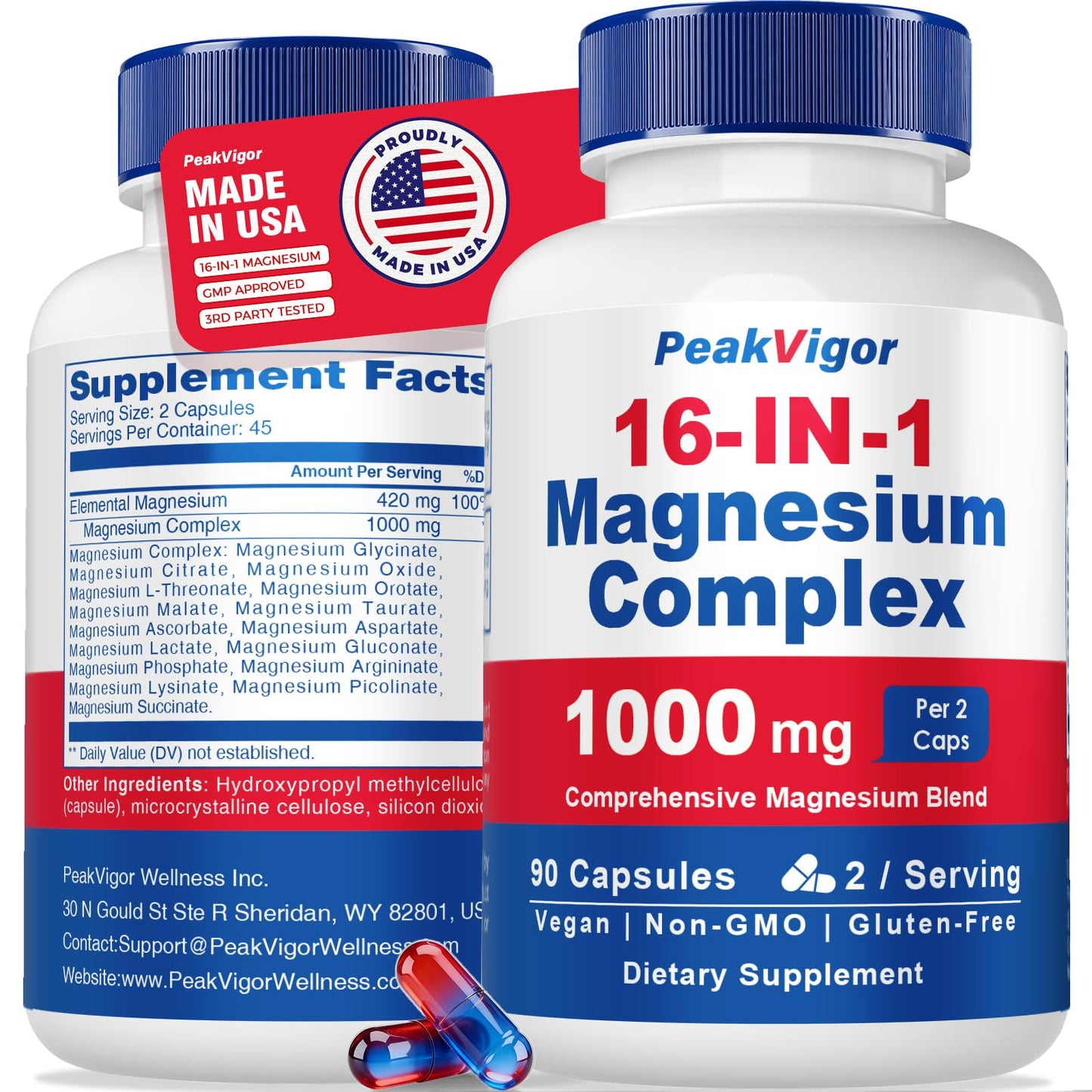 PeakVigor 16-IN-1 Magnesium Complex supplement bottle with label details on a white background