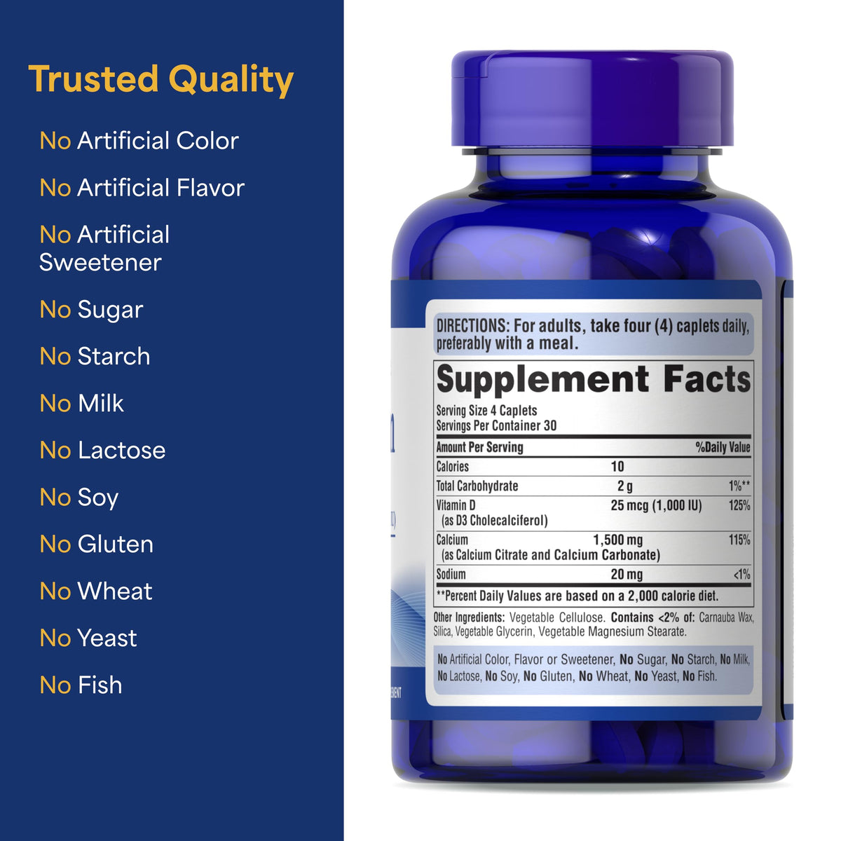 Suplement ​Puritan's Pride Absorbable Calcium 1500 mg Plus Vitamin D3 25mcg 1000 IU, Dietary Supplement for Bone Strength, Heart, Nerve, Muscle - VelvetGlow USA