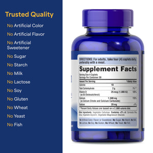 Suplement ​Puritan's Pride Absorbable Calcium 1500 mg Plus Vitamin D3 25mcg 1000 IU, Dietary Supplement for Bone Strength, Heart, Nerve, Muscle - VelvetGlow USA