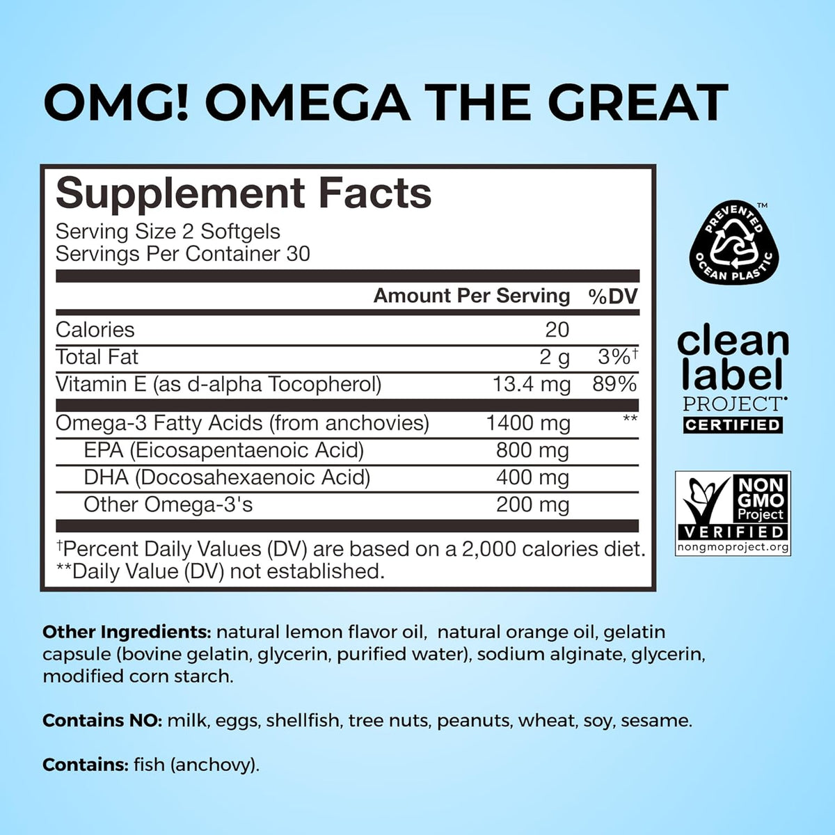 HUM OMG! Omega The Great Fish Oil, DHA, EPA & Vitamin E, 60 Count