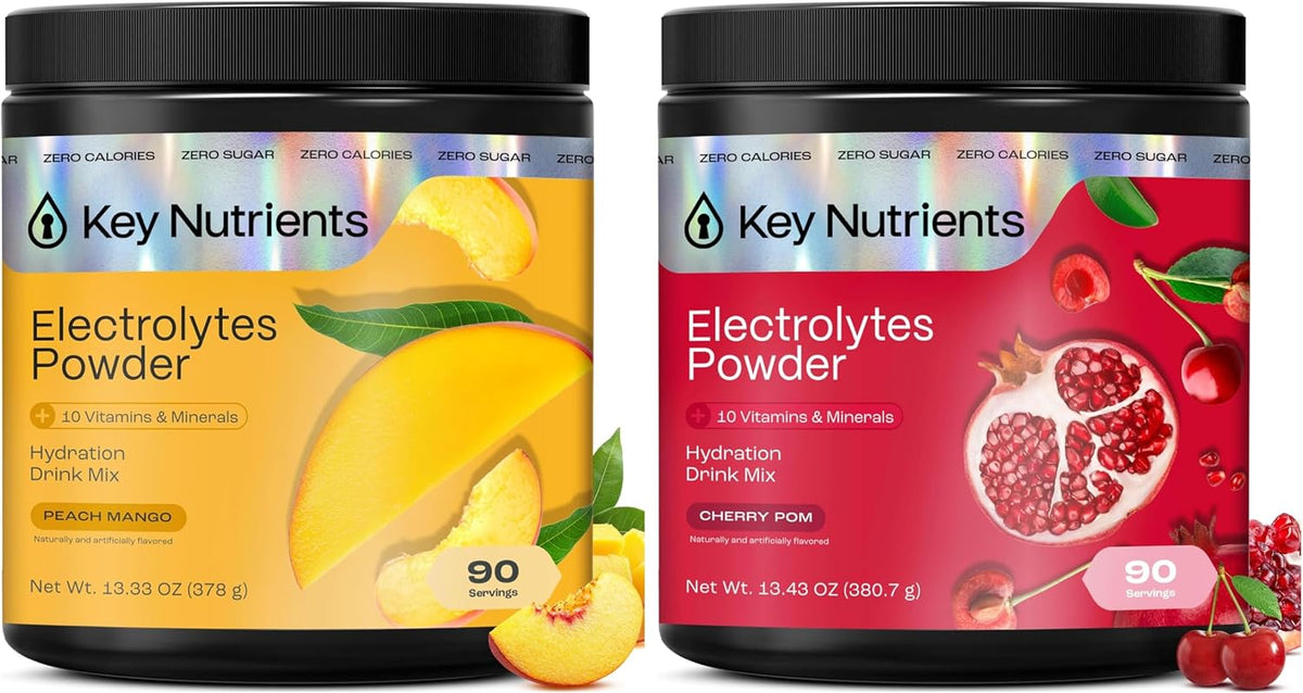 KEY NUTRIENTS Electrolytes Powder Bundle, Tropical Peach Mango 90 Servings Jar + Sweet Cherry Pom 90 Servings Jar, Sugar Free Hydration Drink Mix with Vitamins & Minerals, No Calories