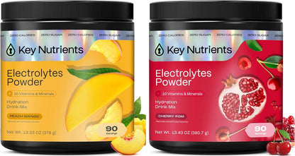 KEY NUTRIENTS Electrolytes Powder Bundle, Tropical Peach Mango 90 Servings Jar + Sweet Cherry Pom 90 Servings Jar, Sugar Free Hydration Drink Mix with Vitamins & Minerals, No Calories