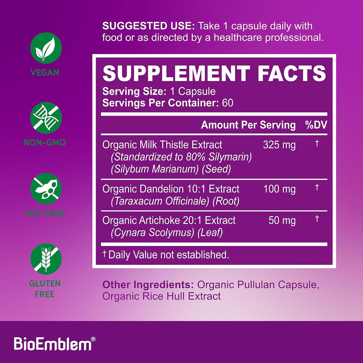 BioEmblem USDA Organic Liver Cleanse - 80% Silymarin Milk Thistle Extract for Liver Health and Liver Function with Dandelion & Artichoke Extracts - 100% Vegan, Non-GMO - Herbal Liver - 60 Capsules