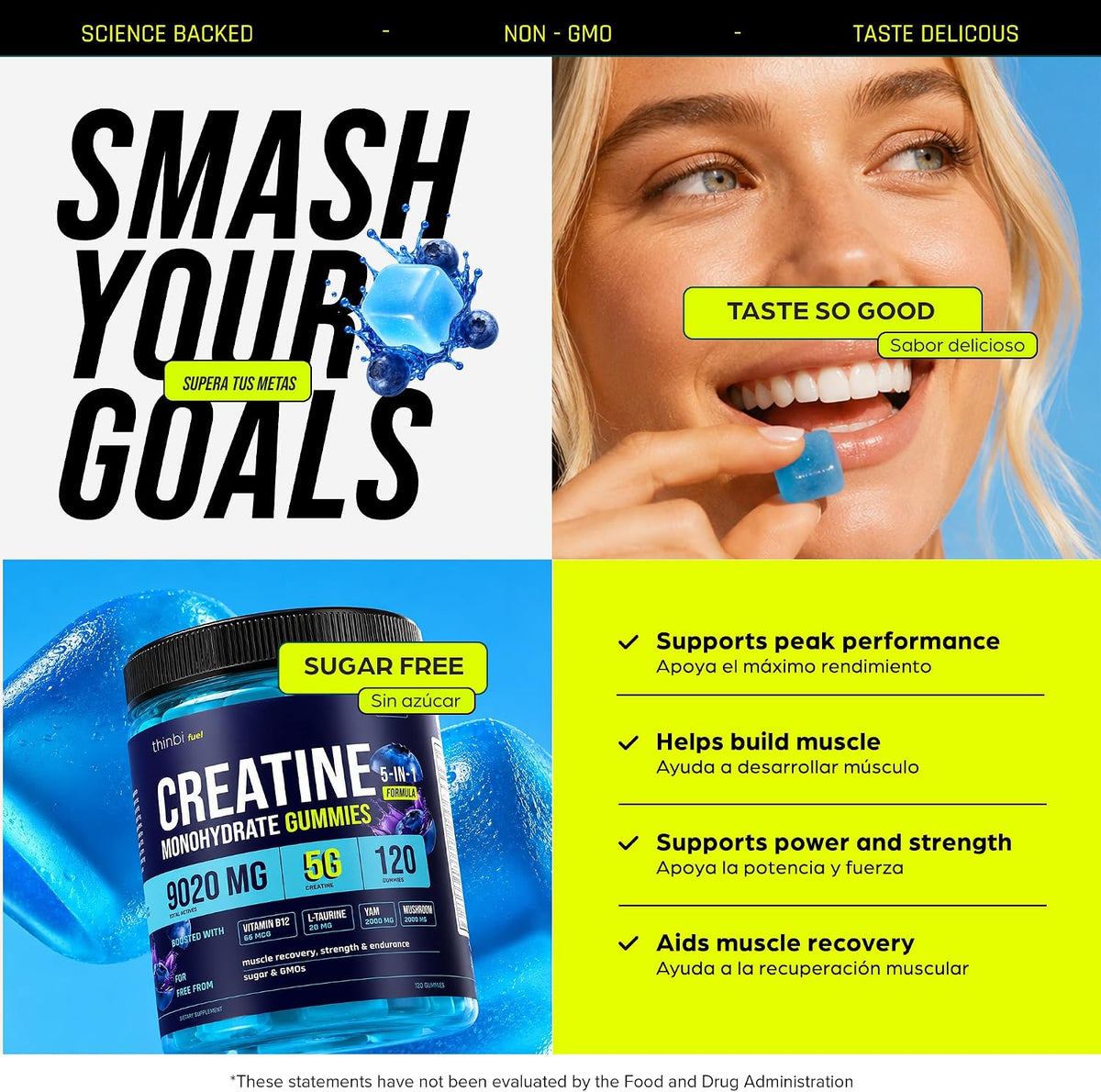 Thinbi Creatine Gummies for Women & Men, Monohydrate, Blueberry, 120 Count