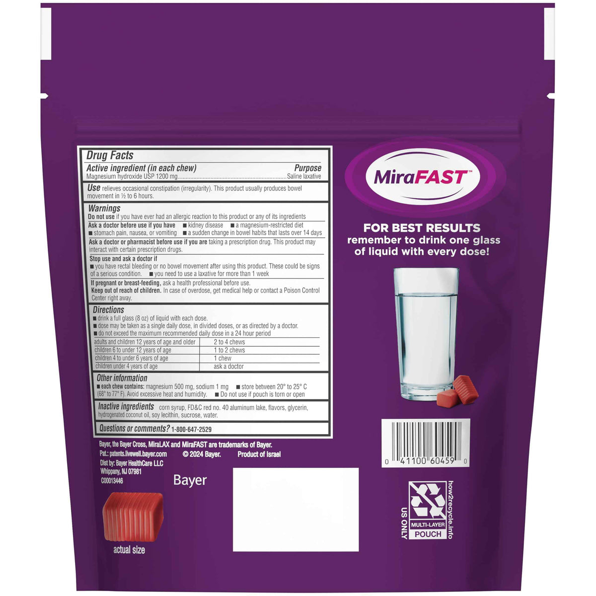 MiraFAST Soft Chews, from the Makers of MiraLAX, Gentle Constipation Relief, Fast Acting, Stimulant Free Saline Laxative, Magnesium Hydroxide, Blueberry & Raspberry Flavor, 60ct