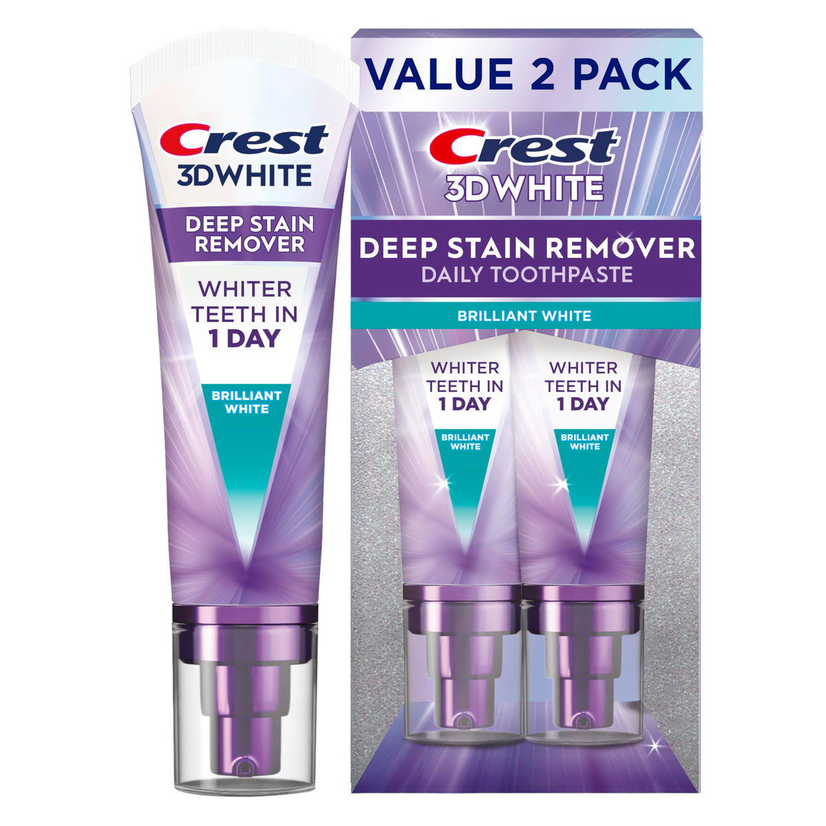 Suplement ​Crest 3D White Deep Stain Remover Toothpaste, Teeth whitening for Adults, 3.1oz, 2 Pack, Sensitivity Safe, Enamel Repair, Cavity Protection - VelvetGlow USA