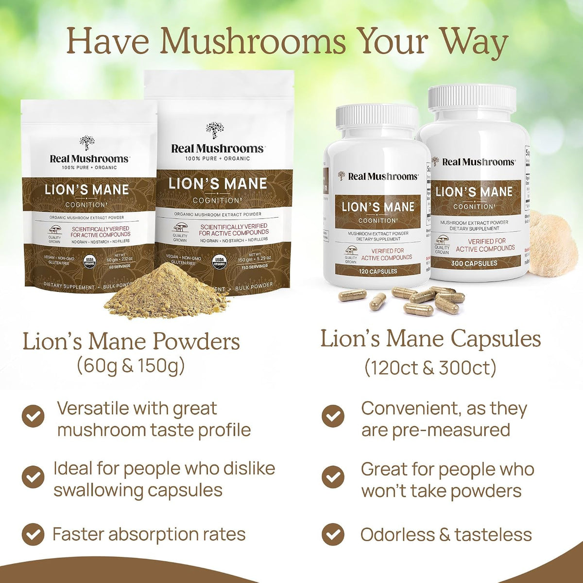 Real Mushrooms Lions Mane for Humans (60 Servings) and Pets (120ct) - Powder & Capsules Bundle for Cognition & Immunity - Vegan, Non-GMO, Gluten-Free, Grain-Free Mushroom Extract Supplements