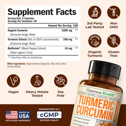 Turmeric with Black Pepper - High Potency Organic 1200mg Turmeric Curcumin Supplement for Joint Support & Digestive Health - Curcumin with Black Pepper