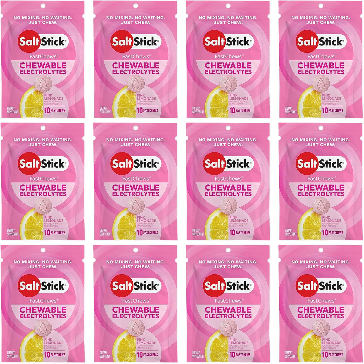 SaltStick Electrolyte FastChews - 120 Count Pink Lemonade - Chewable Electrolyte Tablets for Hydration, Salt Tabs - 10 Count (Pack of 12)