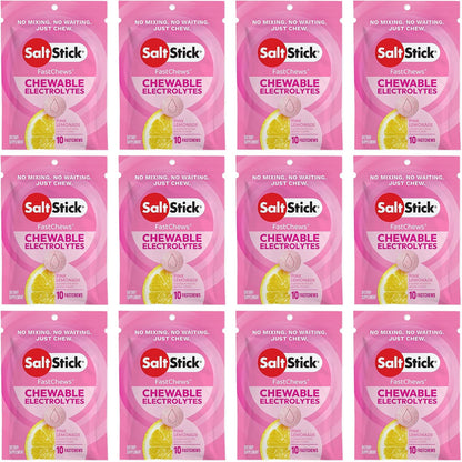 SaltStick Electrolyte FastChews - 120 Count Pink Lemonade - Chewable Electrolyte Tablets for Hydration, Salt Tabs - 10 Count (Pack of 12)